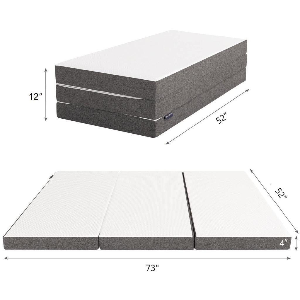FoldEZ memory foam tri folding mattress Full-4 inch unfolded and folded size display