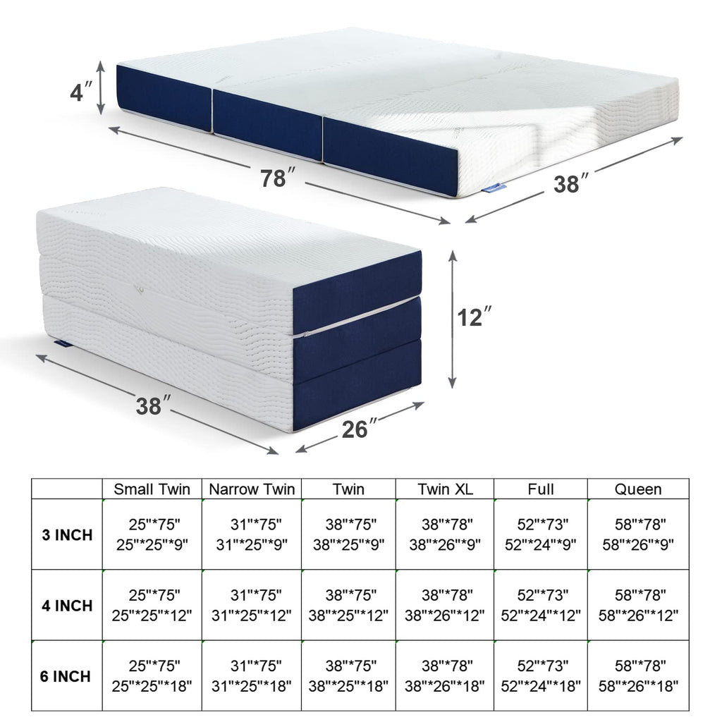 Molblly Compact 4 Inch tri-folding memory foam mattress