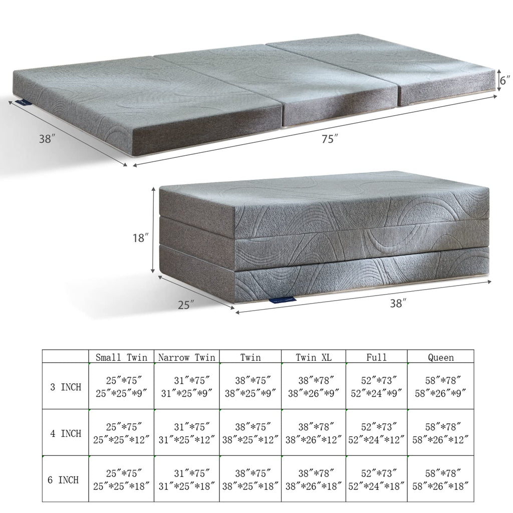 Flexi tri folding mattress unfolded and folded size display