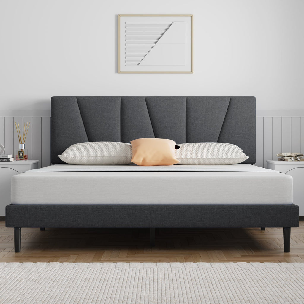 Front view of Molblly Ambria Bed Frame Upholstered Platform with Headboard grey in bedroom