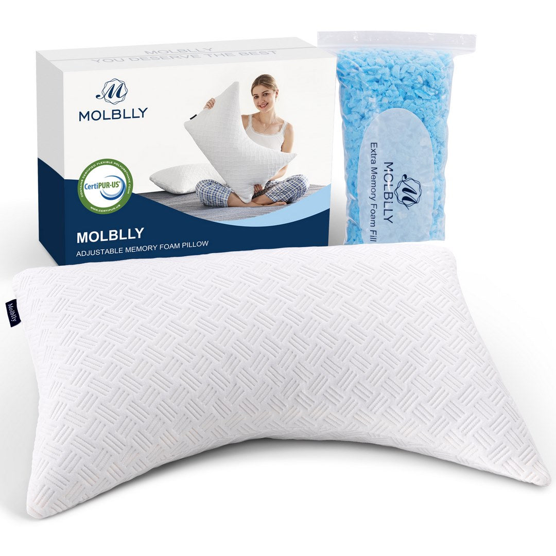 Molblly Standard Pillows Shredded Memory Foam Set of 2 Pack Standard Size  Cooling Bed Pillows 20 x 26 in,Adjustable Loft Washable The Pillow for Side