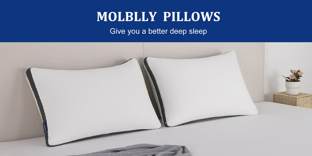 Two Molblly Rejuve foam pillows are neatly arranged on the bedside in the bedroom