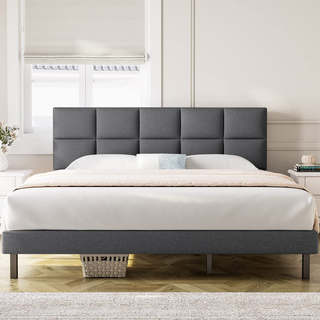 Front view of Molblly Mabelle bed frame gray display in bedroom