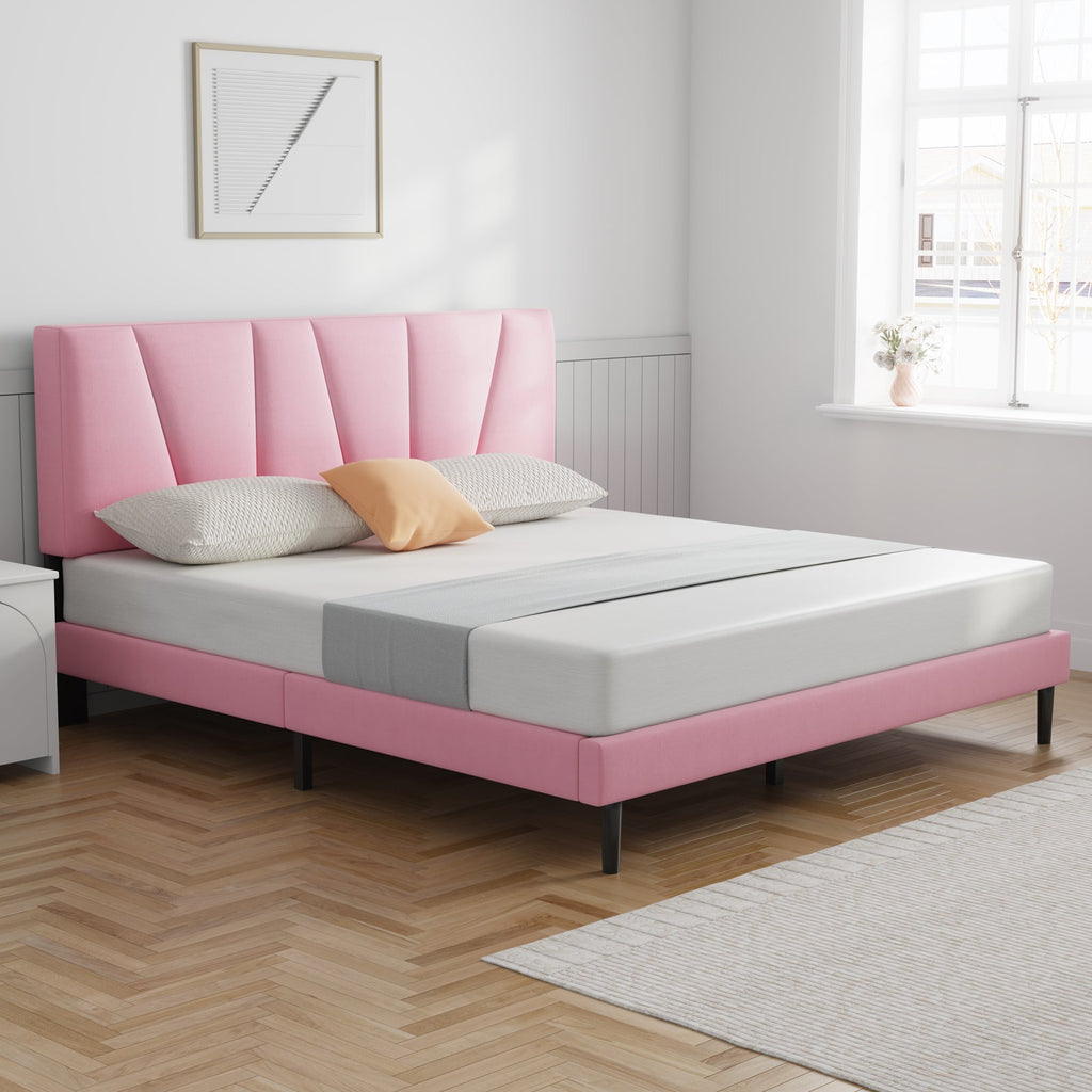 Side view of Molblly Ambria Bed Frame Upholstered Platform with Headboard pink in bedroom