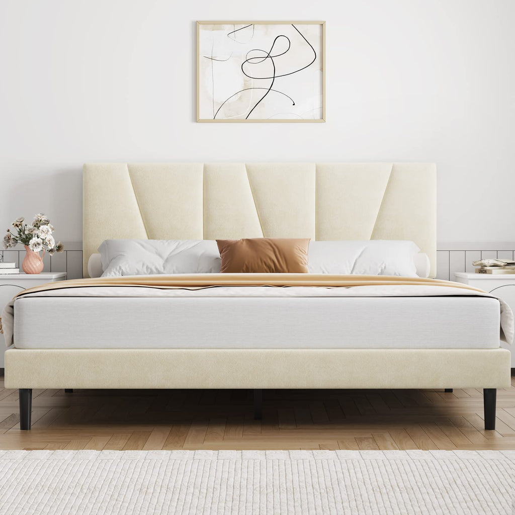 Front view of Molblly Ambria Bed Frame Upholstered Platform with Headboard beige in bedroom