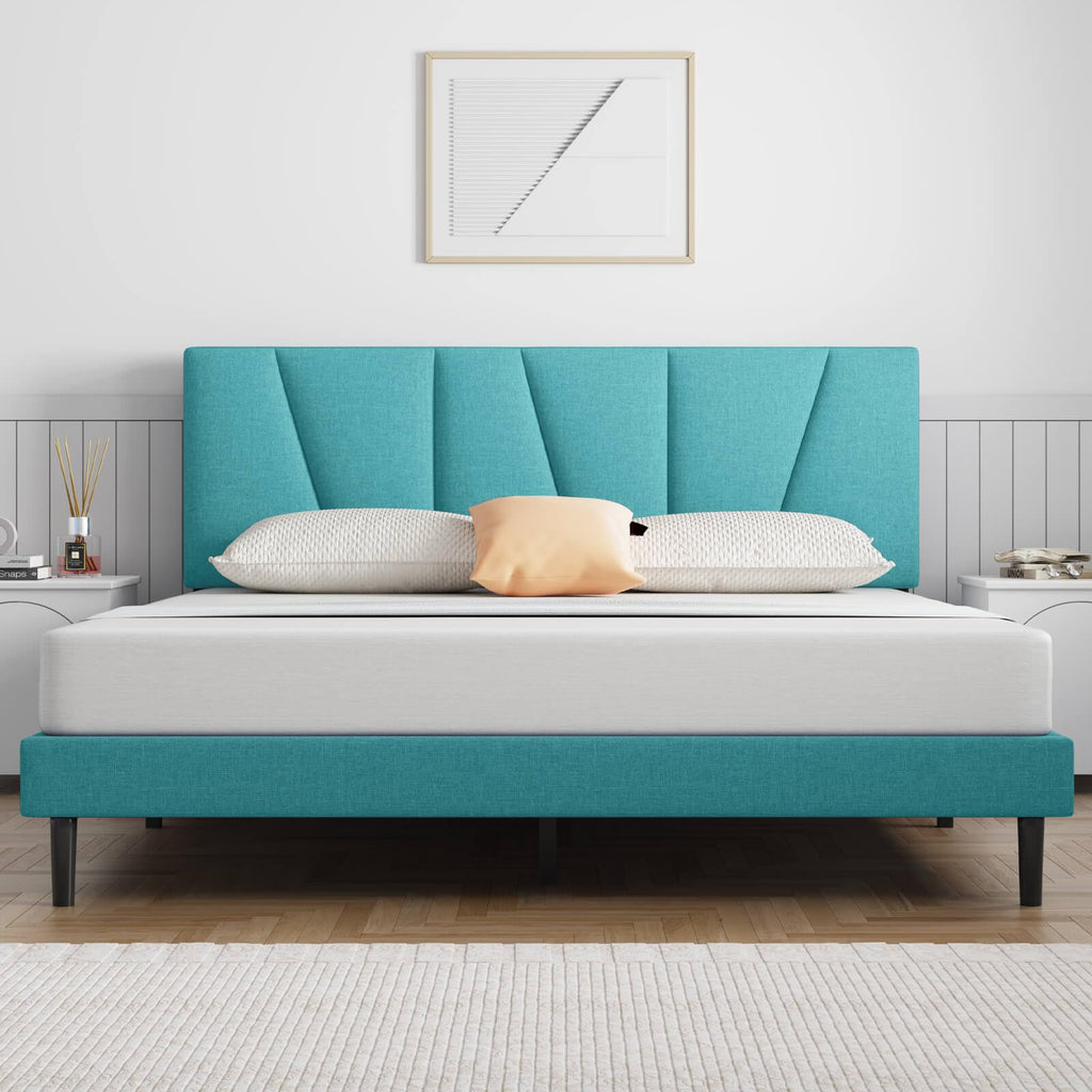 Front view of Molblly Ambria Bed Frame Upholstered Platform with Headboard peacock green in bedroom