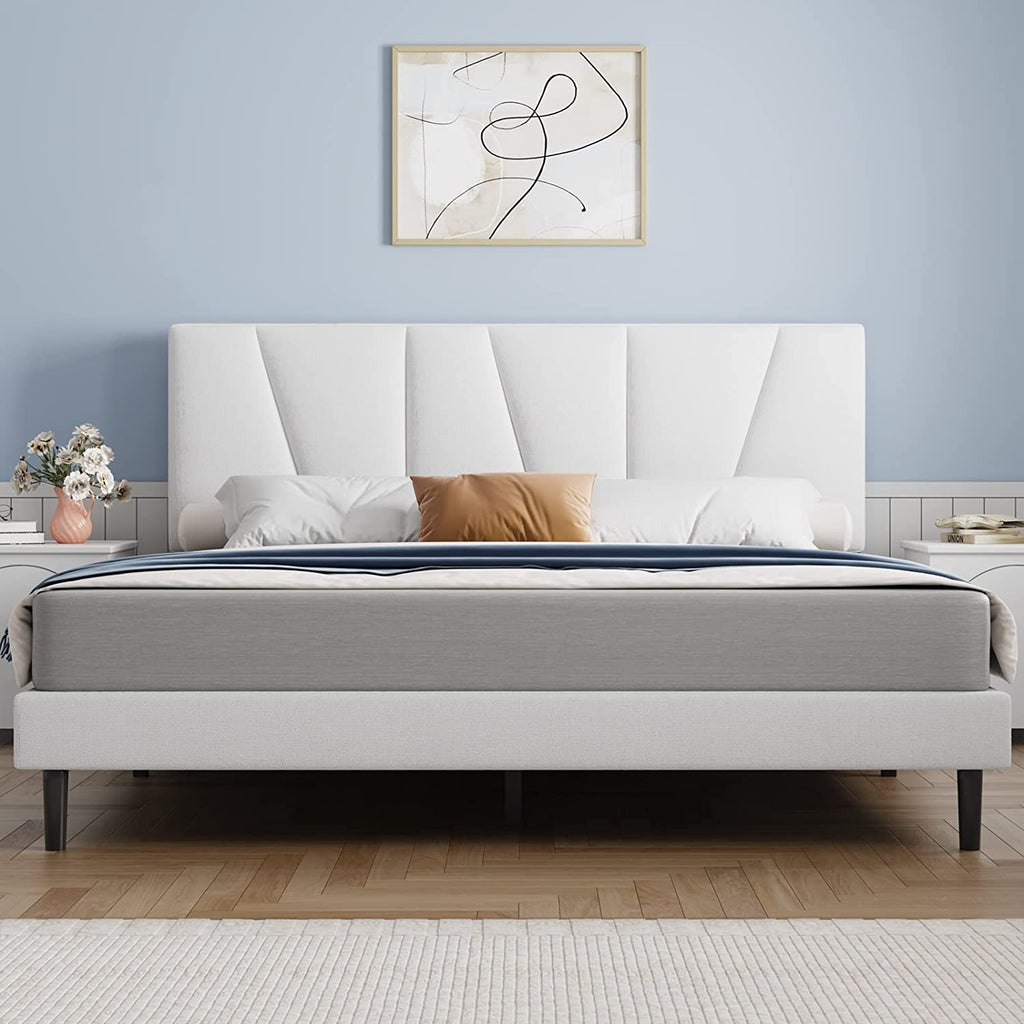 Front view of Molblly Ambria Bed Frame Upholstered Platform with Headboard white in bedroom